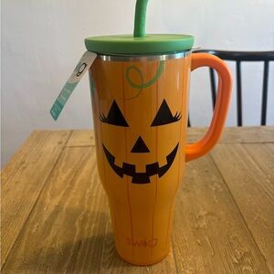 Orange Pumpkin Tumbler with Green Lid
